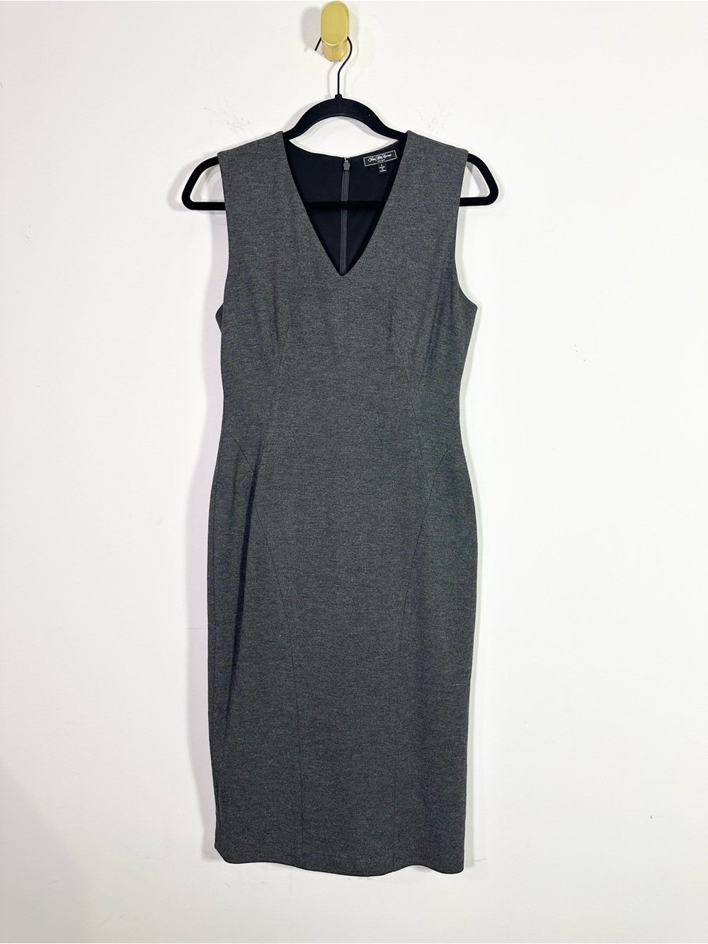 Saks Fifth Avenue Gray Sleeveless V-neck Midi Sheath Dress